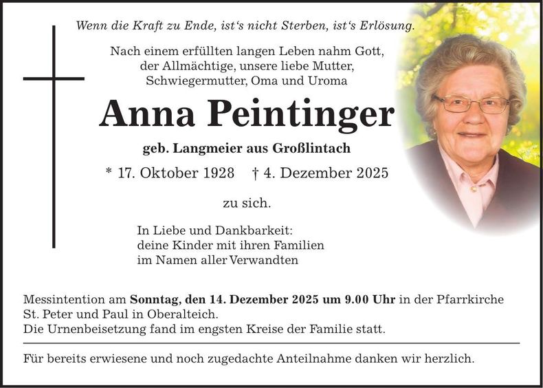 Traueranzeige Anna Peintinger
