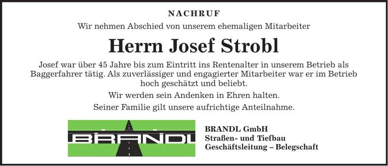 Traueranzeige Josef Strobl