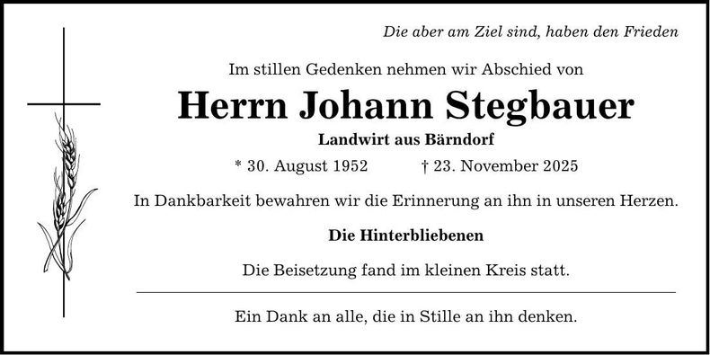 Traueranzeige Johann Stegbauer