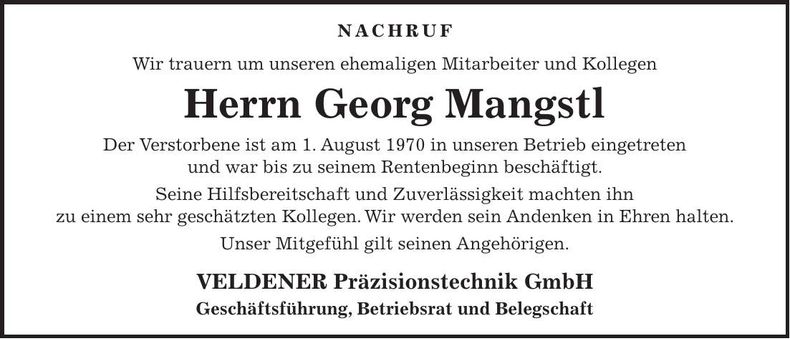 Traueranzeige Georg Mangstl