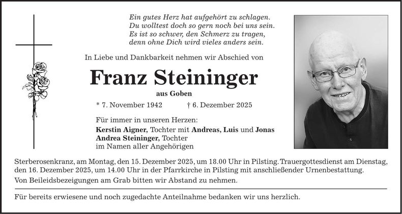Traueranzeige Franz Steininger
