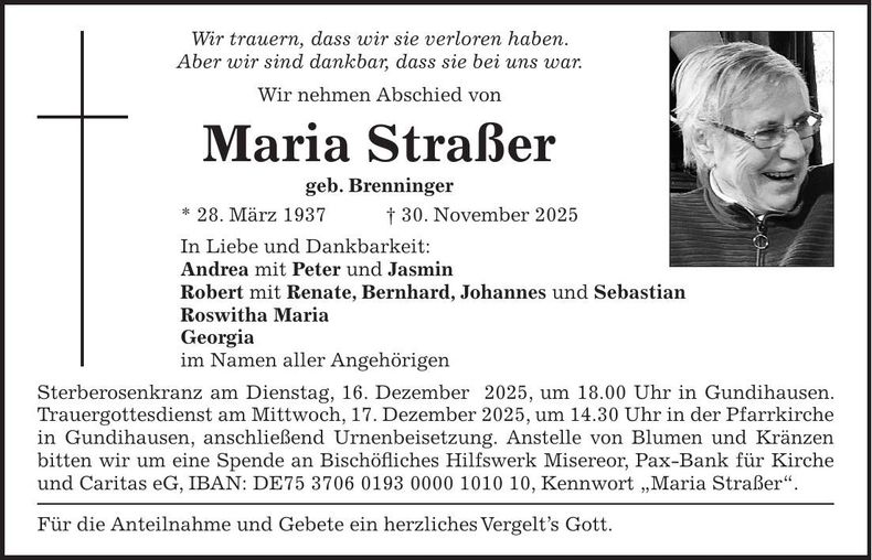 Traueranzeige Maria Straßer