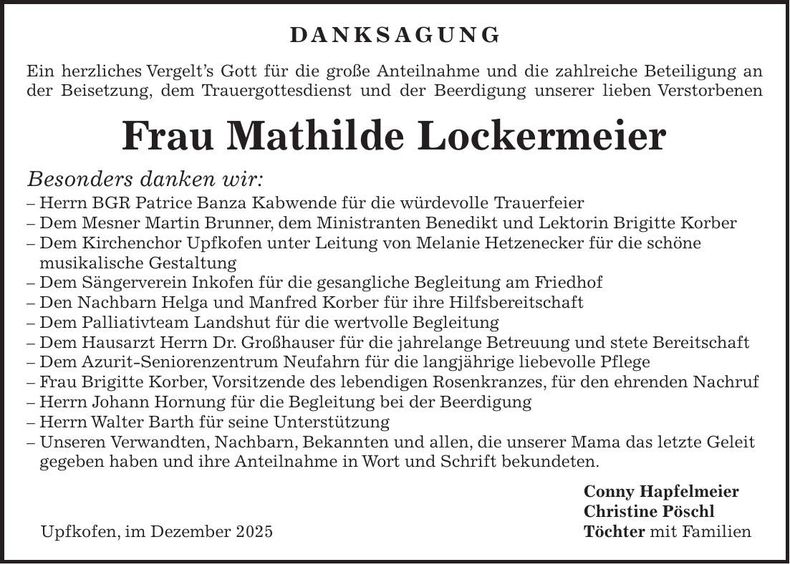 Traueranzeige Mathilde Lockermeier