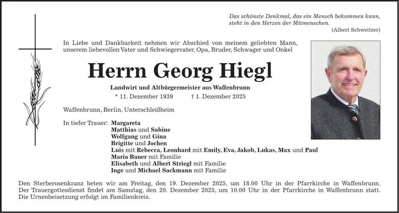 Traueranzeige Georg Hiegl