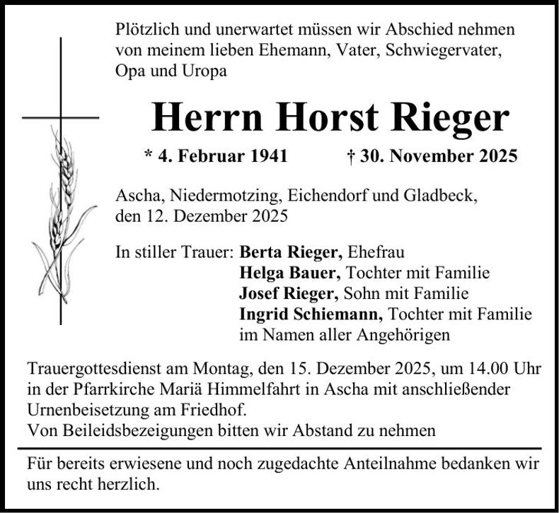 Traueranzeige Horst Rieger