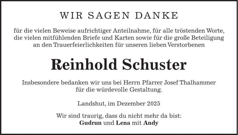 Traueranzeige Reinhold Schuster