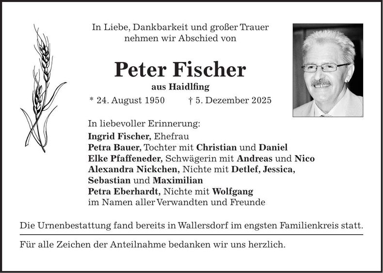 Traueranzeige Peter Fischer