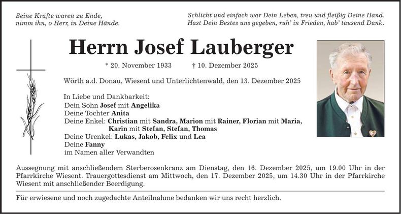 Traueranzeige Josef Lauberger
