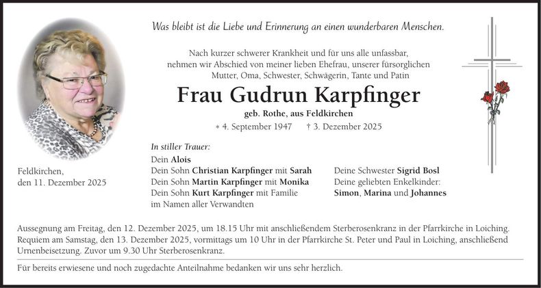 Traueranzeige Gudrun Karpfinger