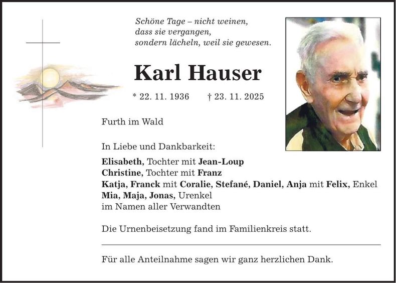 Traueranzeige Karl Hauser