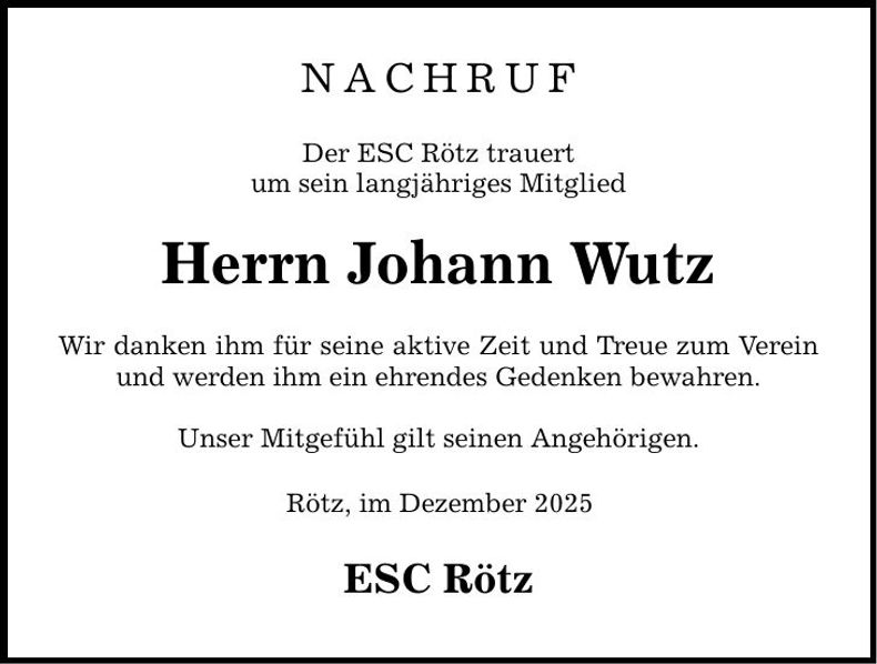 Traueranzeige Johann Wutz