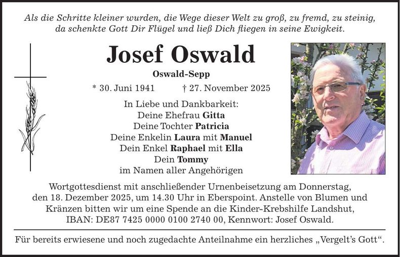 Traueranzeige Josef Oswald