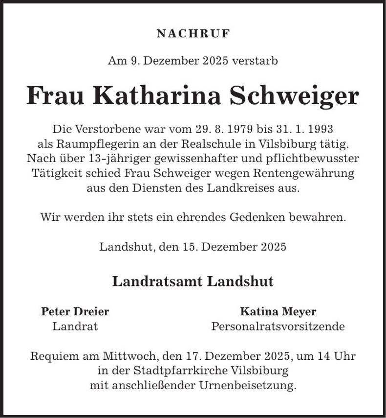 Traueranzeige Katharina Schweiger