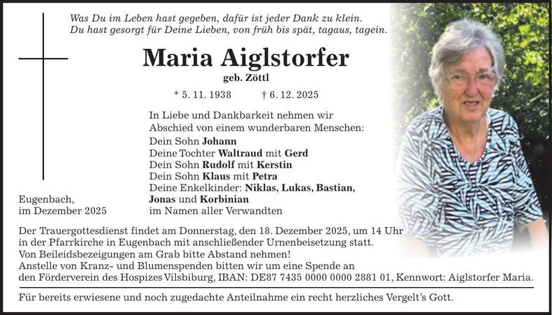 Traueranzeige Maria Aiglstorfer