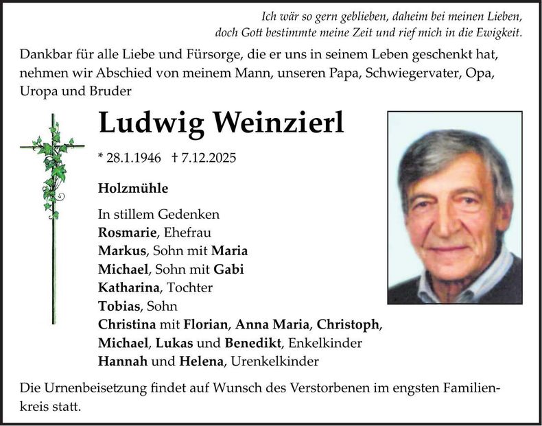 Traueranzeige Ludwig Weinzierl