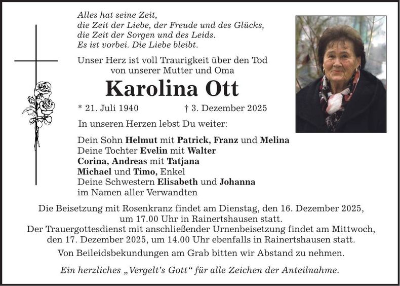 Traueranzeige Karolina Ott
