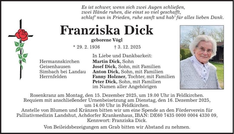 Traueranzeige Franziska Dick