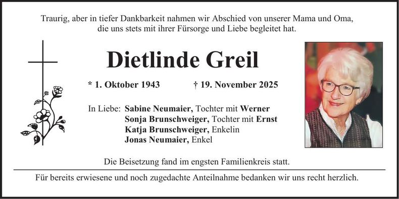 Traueranzeige Dietlinde Greil