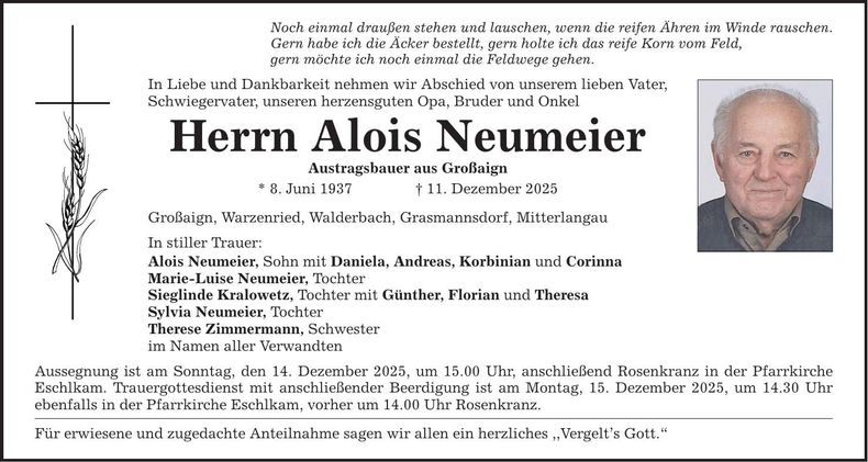 Traueranzeige Neumeier Alois