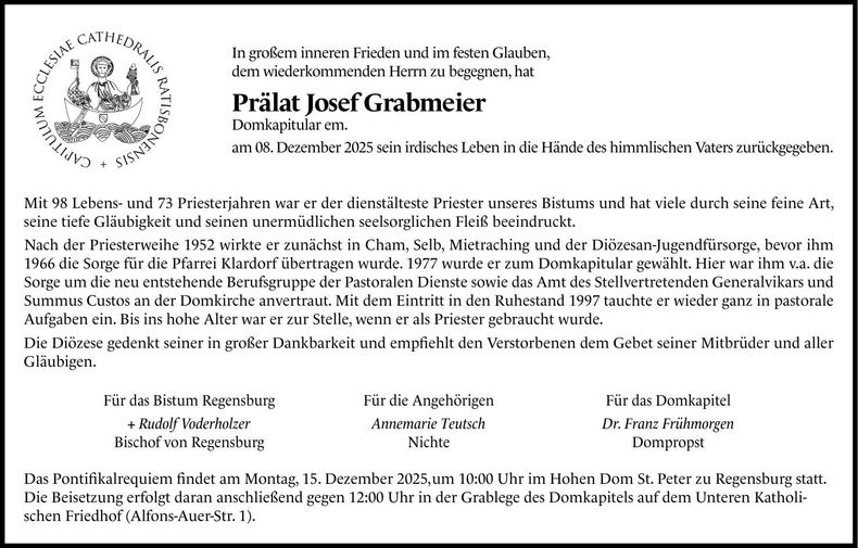Traueranzeige Josef Grabmeier