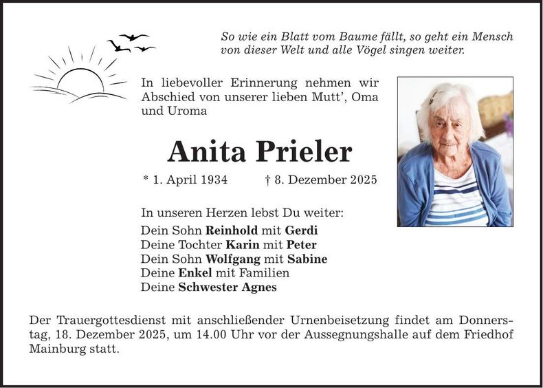 Traueranzeige Anita Prieler