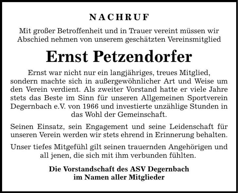Traueranzeige Ernst Petzendorfer