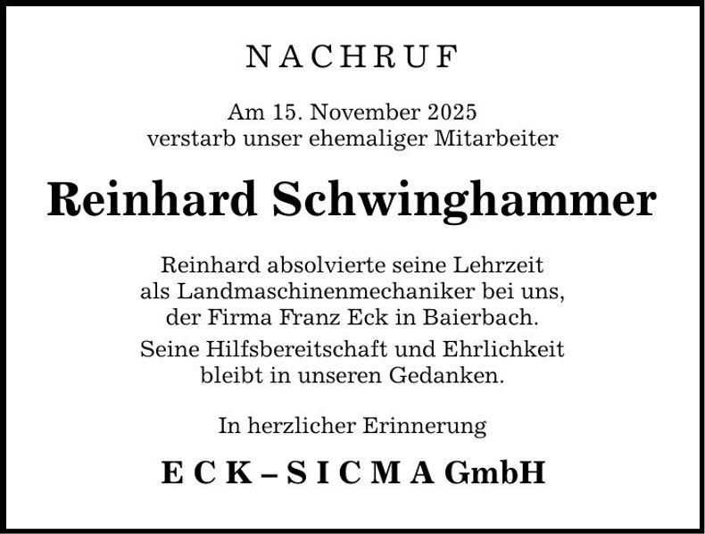 Traueranzeige Reinhard Schwinghammer