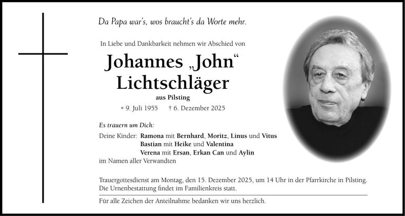 Traueranzeige Johannes Lichtschläger