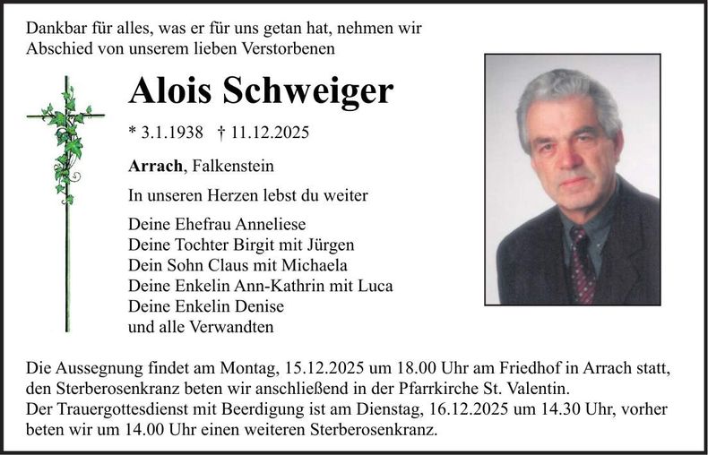 Traueranzeige Alois Schweiger