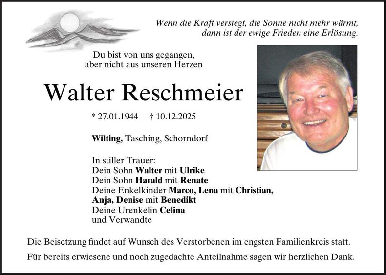 Traueranzeige Walter Reschmeier