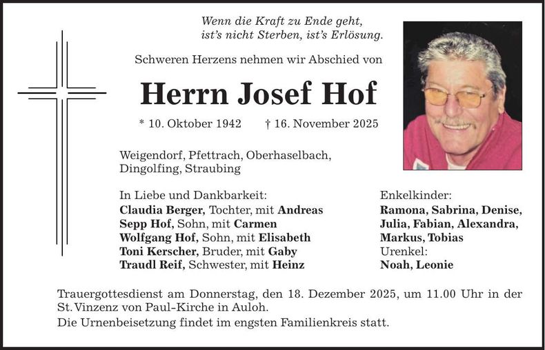 Traueranzeige Josef Hof