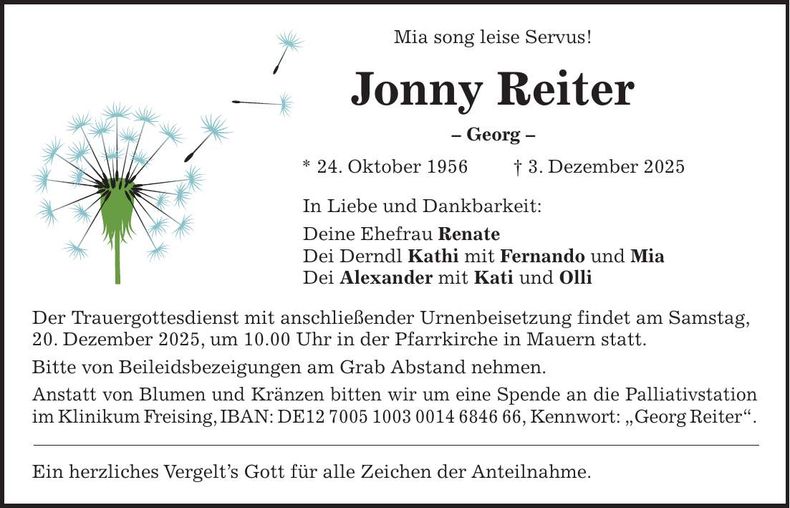 Traueranzeige Jonny Reiter