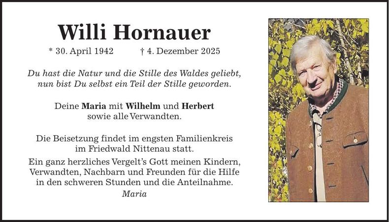 Traueranzeige Willi Hornauer