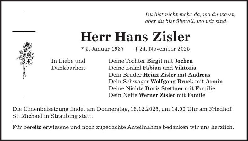 Traueranzeige Hans Zisler