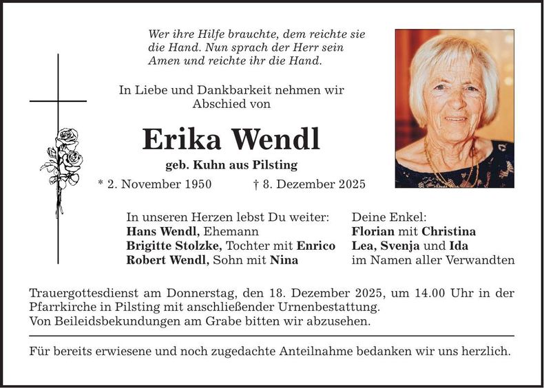 Traueranzeige Erika Wendl