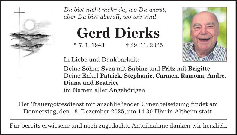 Traueranzeige Gerd Dierks