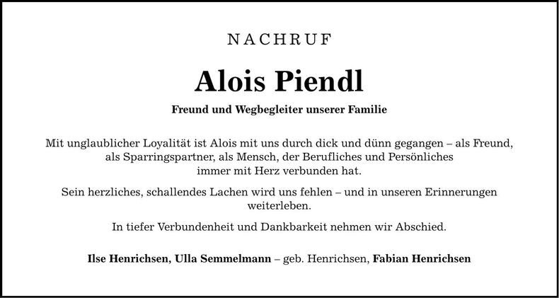 Traueranzeige Alois Piendl
