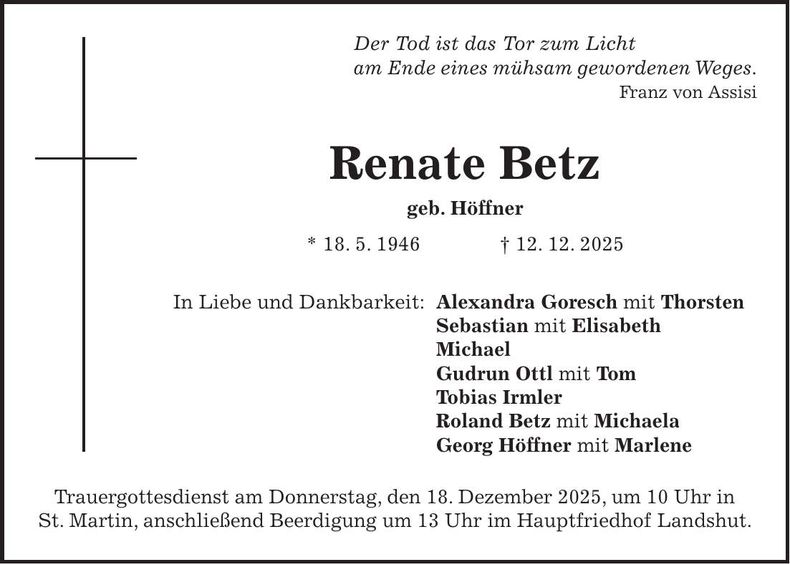 Traueranzeige Renate Betz