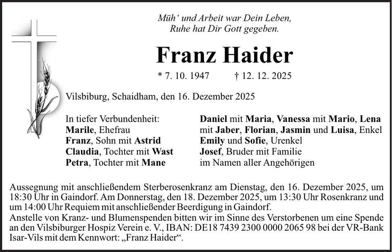 Traueranzeige Franz Haider