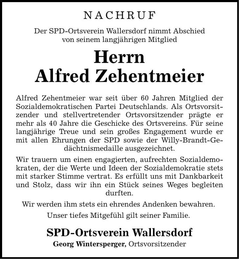 Traueranzeige Alfred Zehentmeier