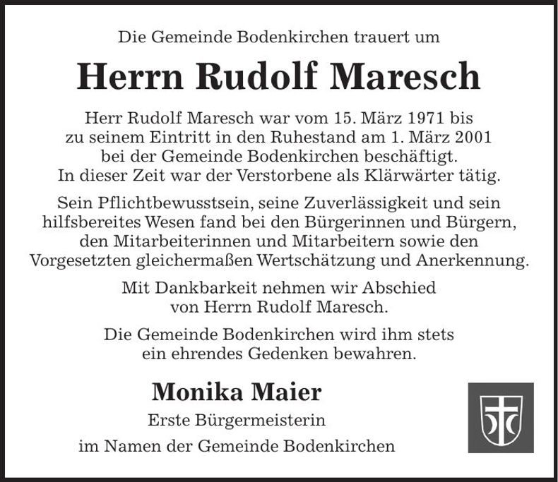 Traueranzeige Rudolf Maresch
