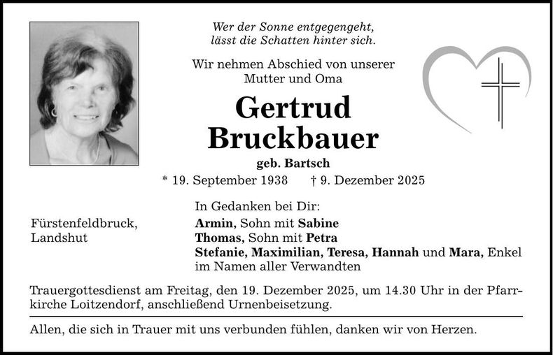 Traueranzeige Gertrud Bruckbauer