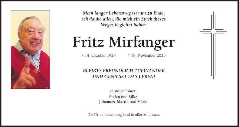 Traueranzeige Fritz Mirfanger