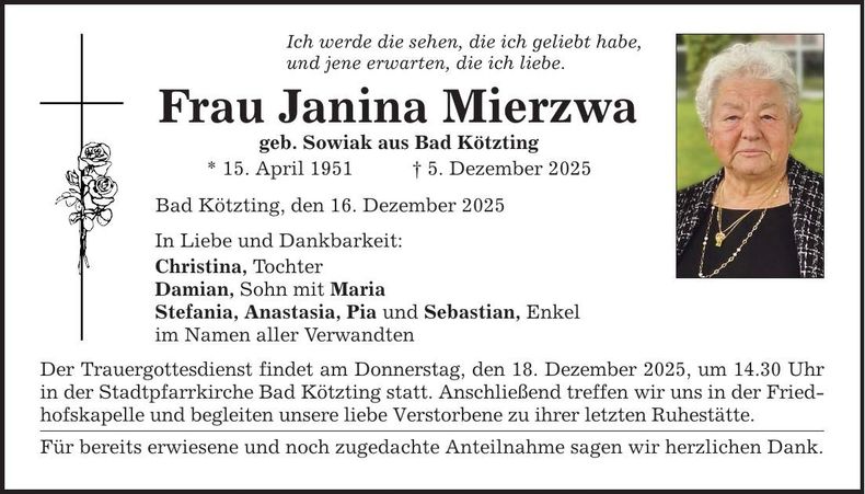 Traueranzeige Janina Mierzwa