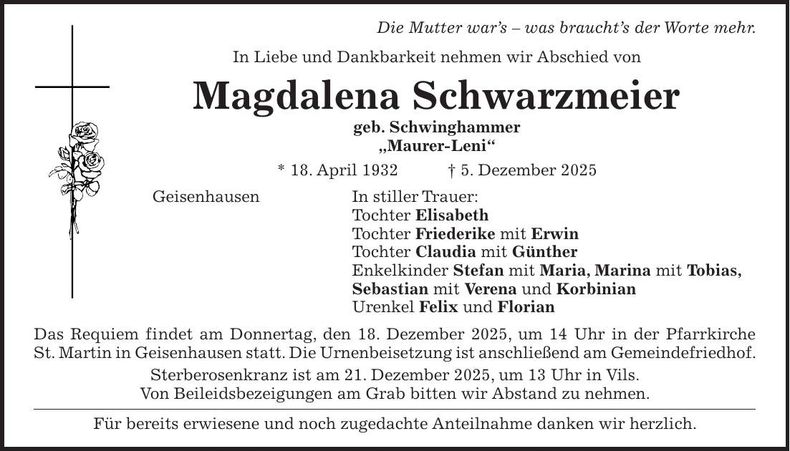 Traueranzeige Magdalena Schwarzmeier