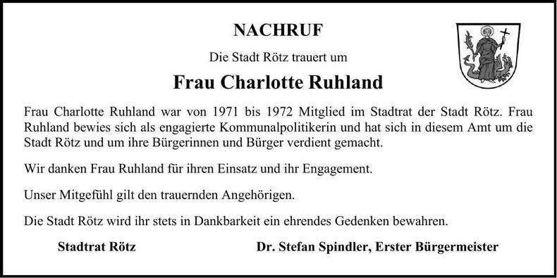 Traueranzeige Charlotte Ruhland