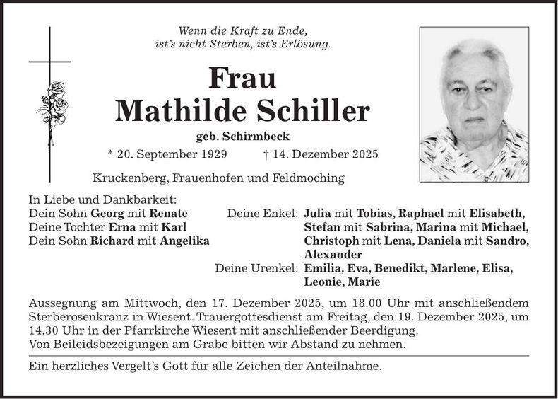 Traueranzeige Mathilde Schiller