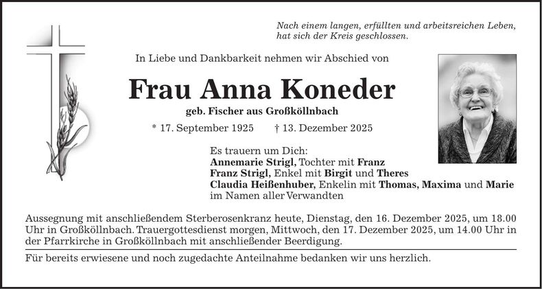 Traueranzeige Anna Koneder