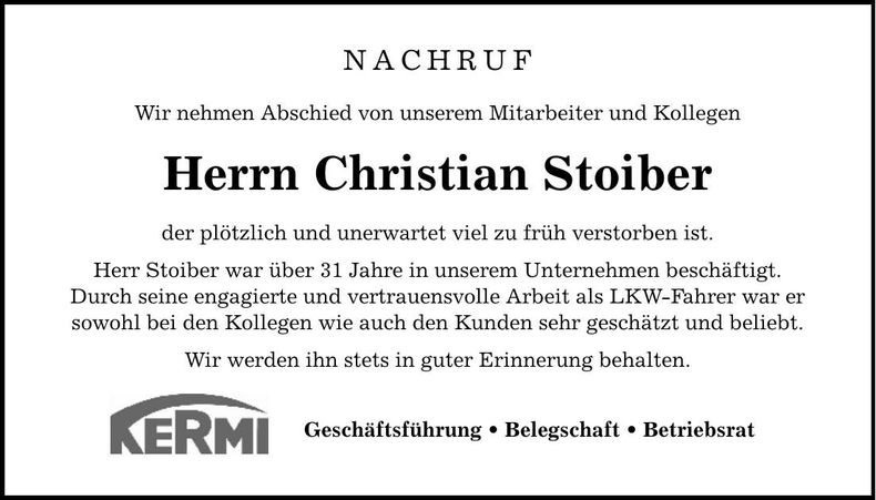 Traueranzeige Christian Stoiber
