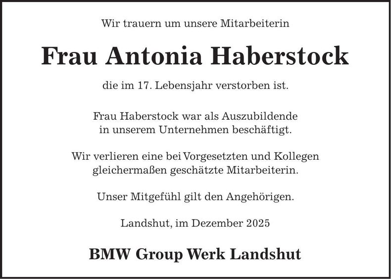 Traueranzeige Antonia Haberstock